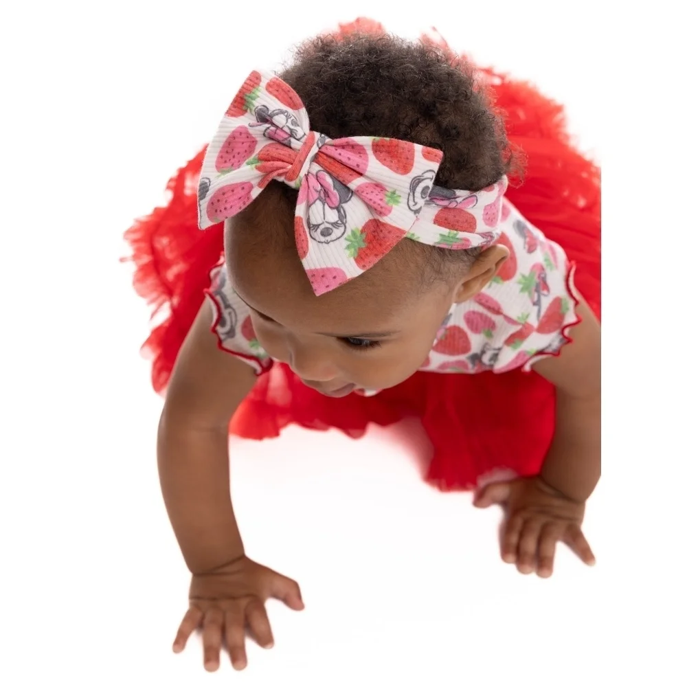 NWT Disney Baby Minnie Mouse Red & Pink Strawberry Romper w/ Headband 6/9 Months